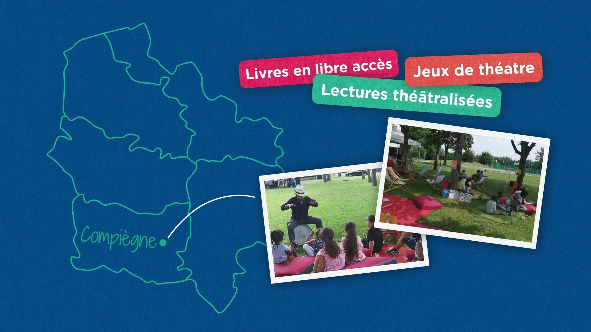 frame_942 Extrait de la vidéo Clésence, une carte avec des photos d’activités, livres en libre accès, jeux de théâtre et lectures théâtralisées